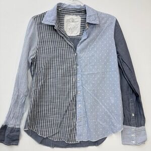 Cino Button Down Shirt Womens Small Blue Mixed Print Stripe Dot Cotton Boho